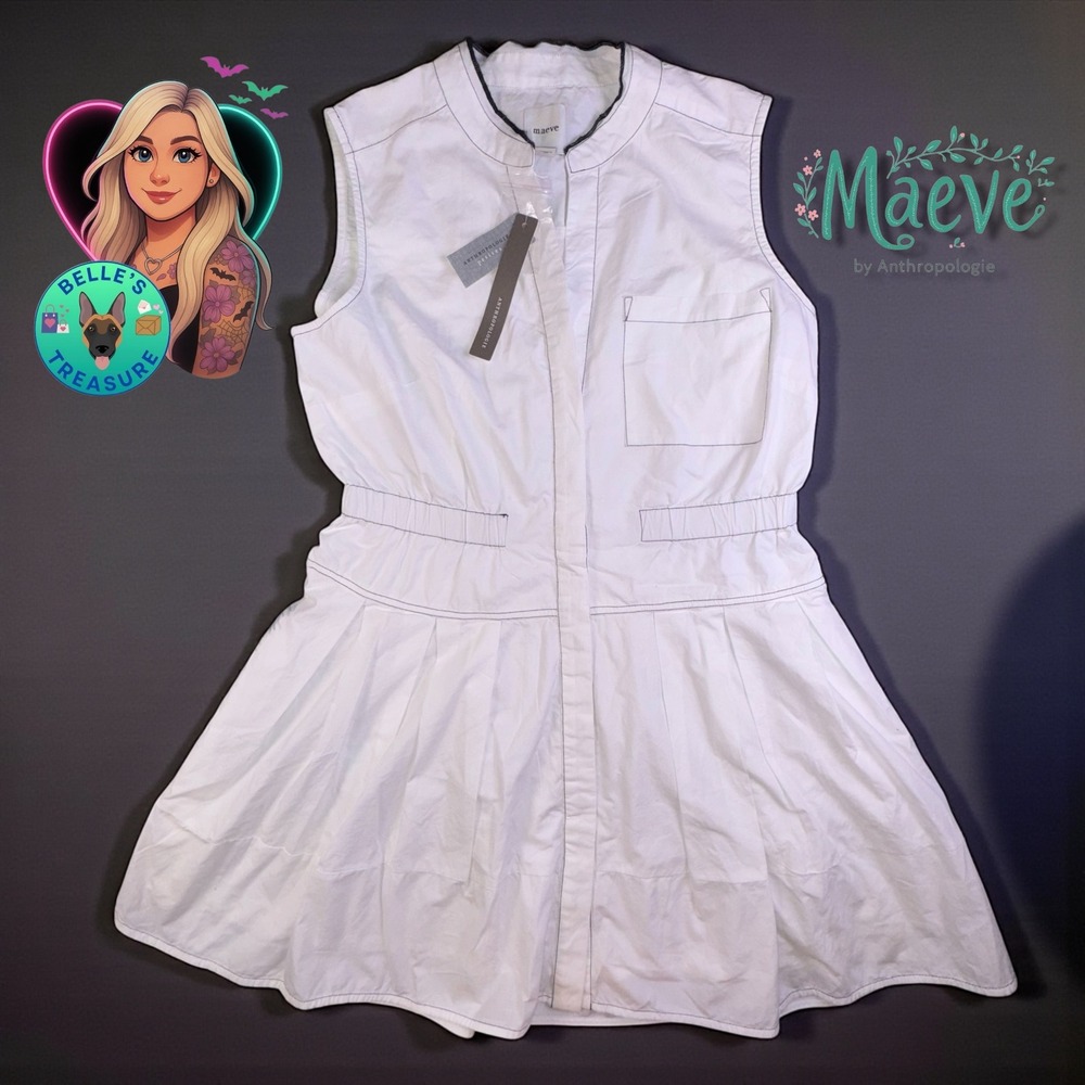 Maeve Anthropologie Medium Petite White Sleeveless Shirt Dress‎ Contrast Stitch
